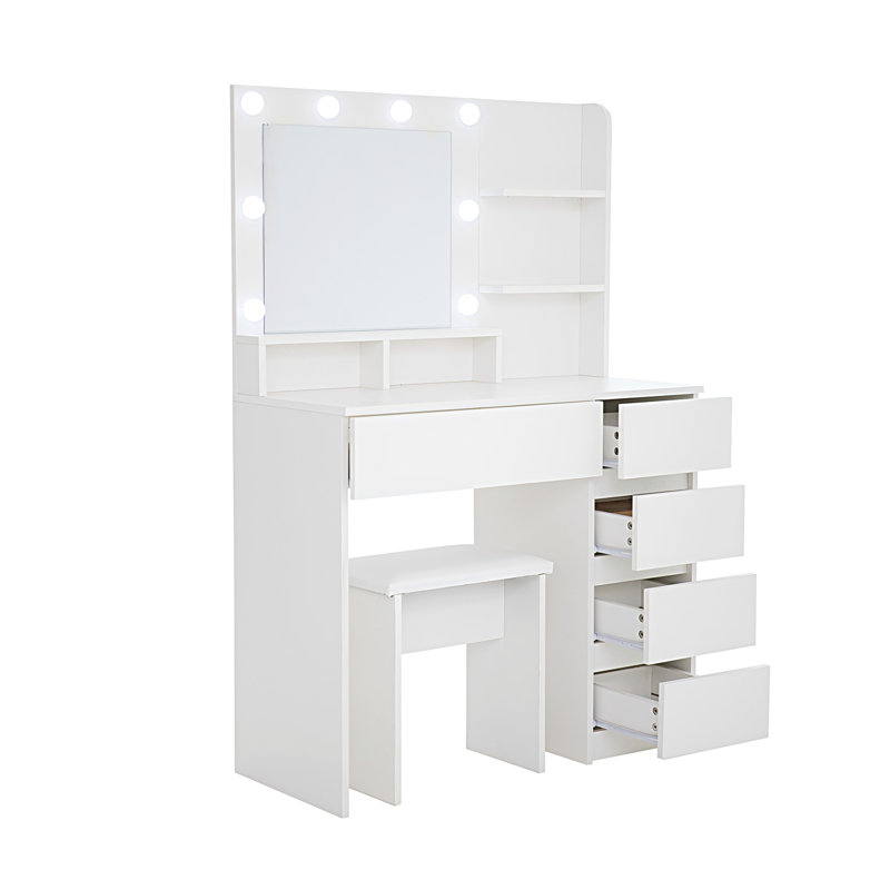 Coiffeuse, ensemble de coiffeuse avec miroir et lumière, beaucoup de rangement pour coiffeuse, 3 modes d'éclairage avec luminosité réglable, blanc avec tabouret