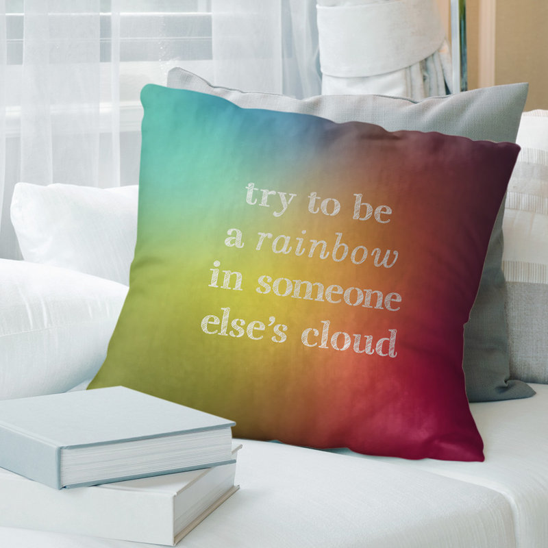 Housse de coussin Handwritten «Essayez d'être une citation», 14 po x 14 po, Blanc / Mauve, Polyester / Bourre en polyester