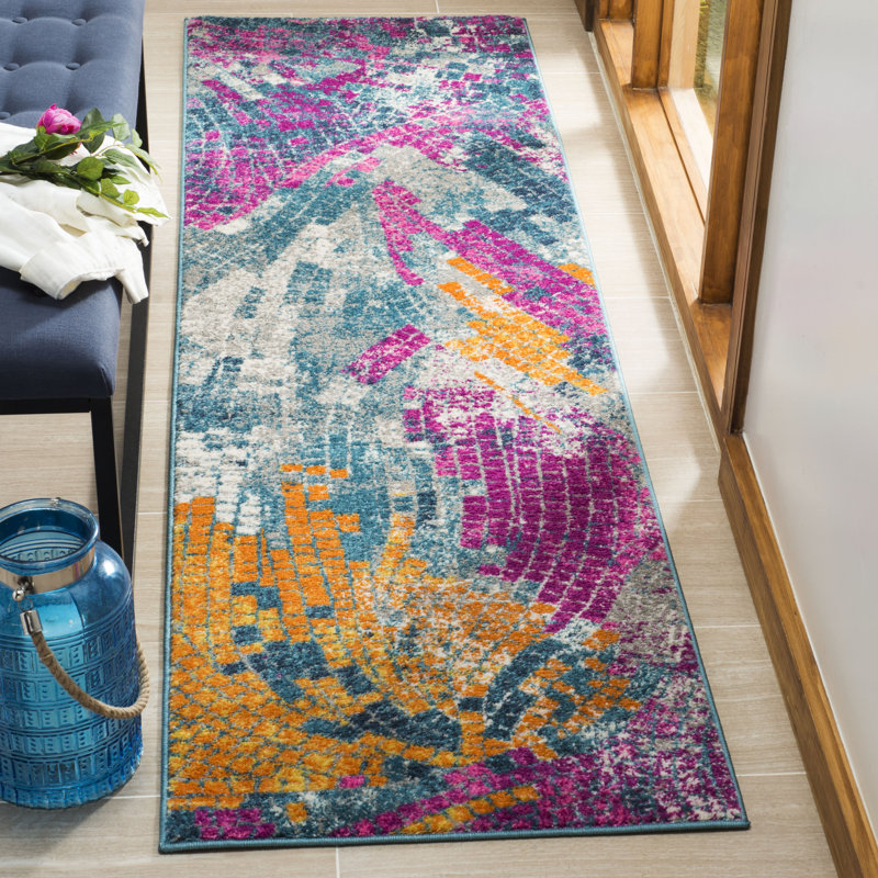 Tapis abstrait bleu / jaune Felty, Tapis de couloir 2 pi 3 po x 8 pi