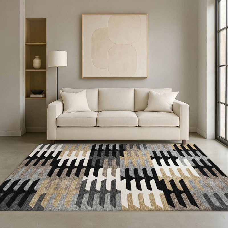 Premium Machine Washable Mayfield AMF2328 Geometric Rug, 10' x 14', Black