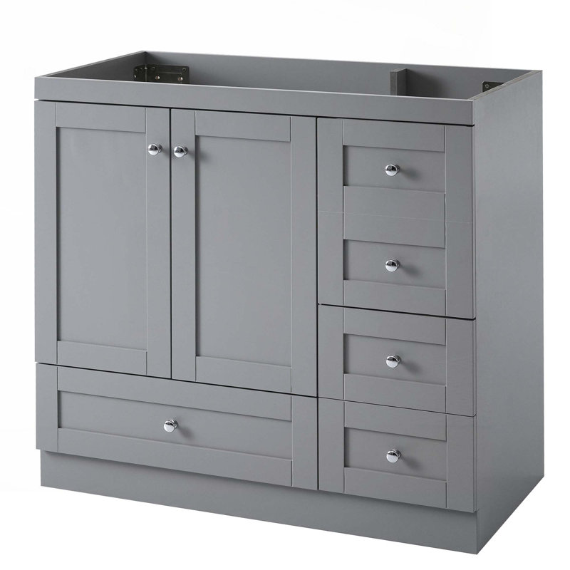 Solid Wood Frame Bathroom Storage Cabinet, Freestanding Vanity with 4 Drawers, Grey