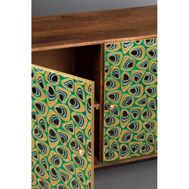 Meena Gold and Black Mango Wood Accent Cabinet with Peacock Feather Inlay