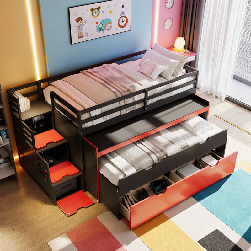Lit mezzanine avec bureau coulissant et lit gigogne simple, tiroirs et marches, Black+Red, Twin XL