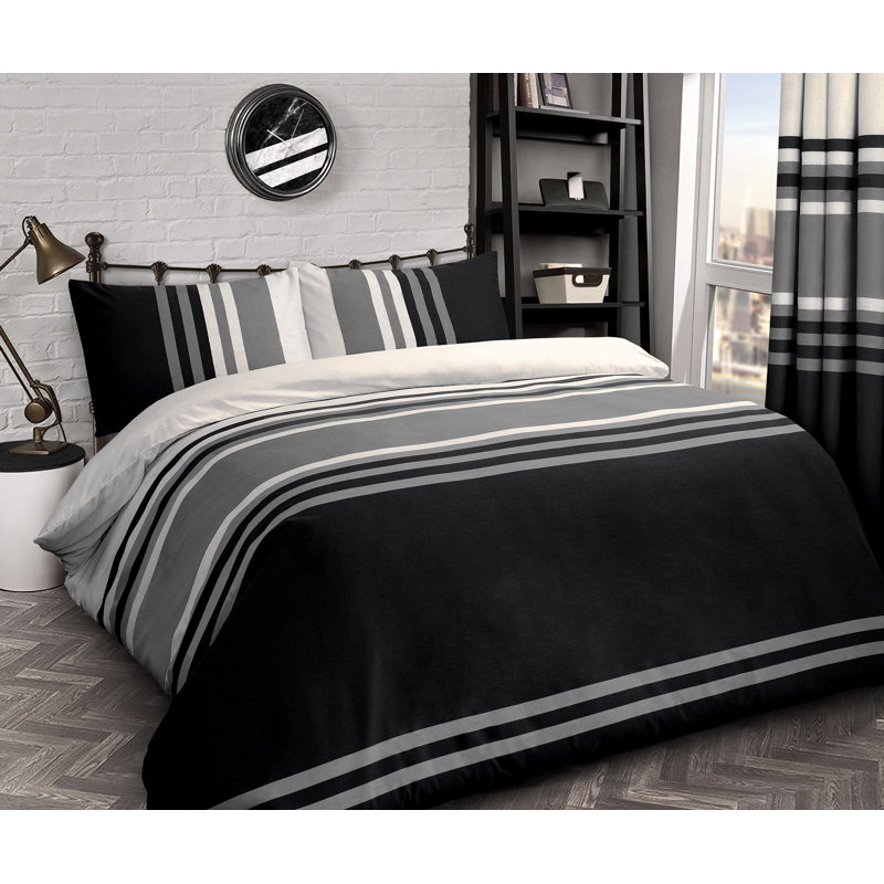 Rasheema Duvet Set, Bold Tonal Stripe, Black, Single - 1 Standard Pillowcase