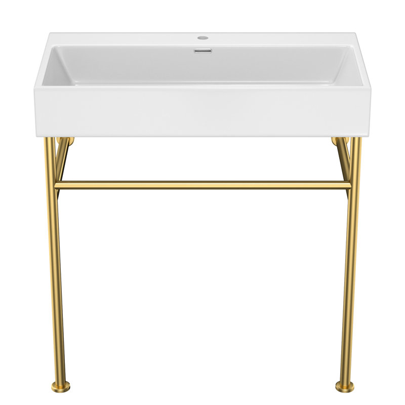 Lavabo de salle de bain 30 "avec trop-plein, cuve en céramique blanche et pieds dorés - Console polyvalente attrayante, 30"