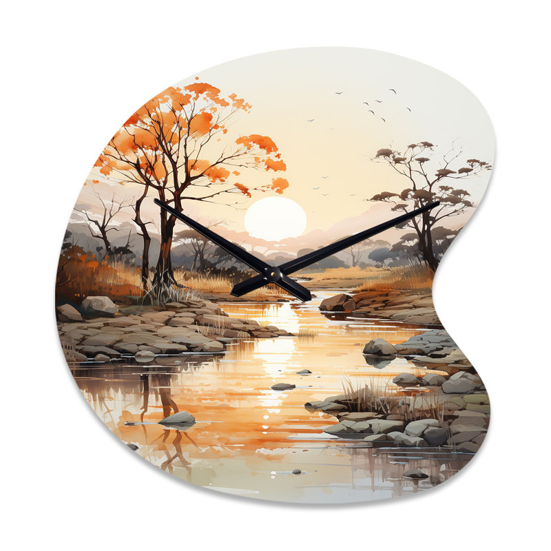 Orange Grey African Valley - Drop Shape Decorative Orange Africa Wall Clock, Small