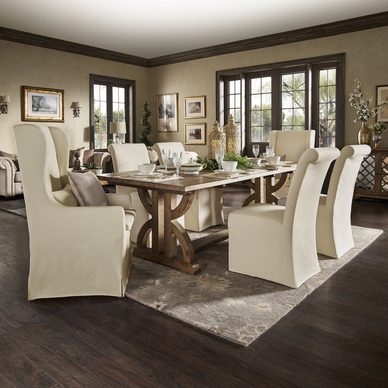 Ensemble de salle à manger rectangulaire en bois récupéré avec chaises roulées Gwendoline, Crème, crème