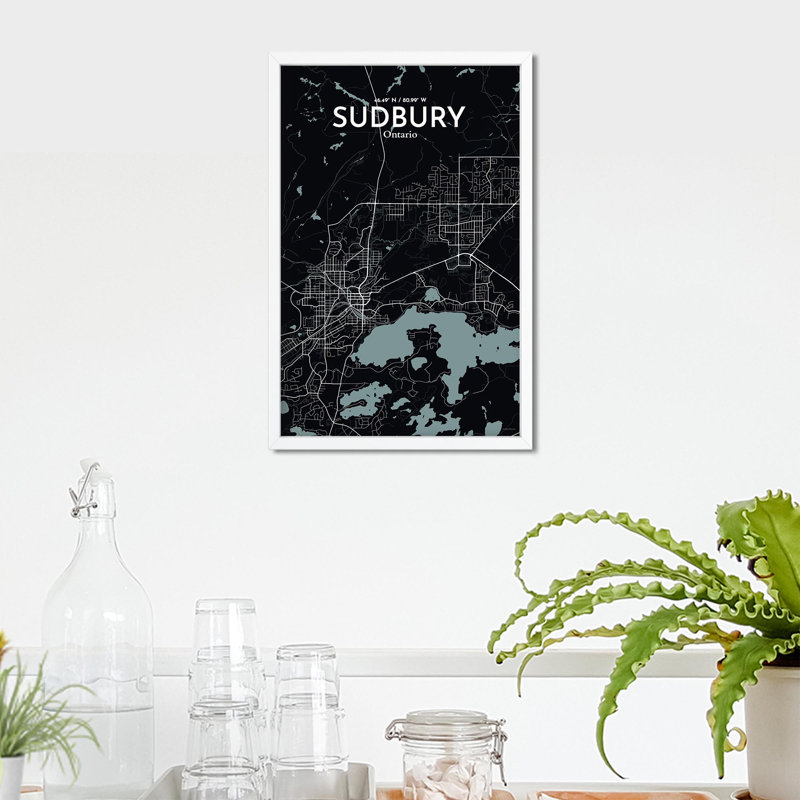 Sudbury City Map, impression, H 17 po x l 11 po, Gris / noir