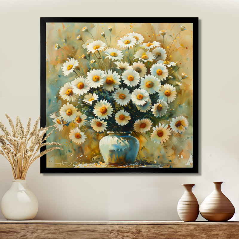 Fleurs de marguerites jaunes et blanches dans un pot de ferme - décoration murale marguerites, Cadre simple noir