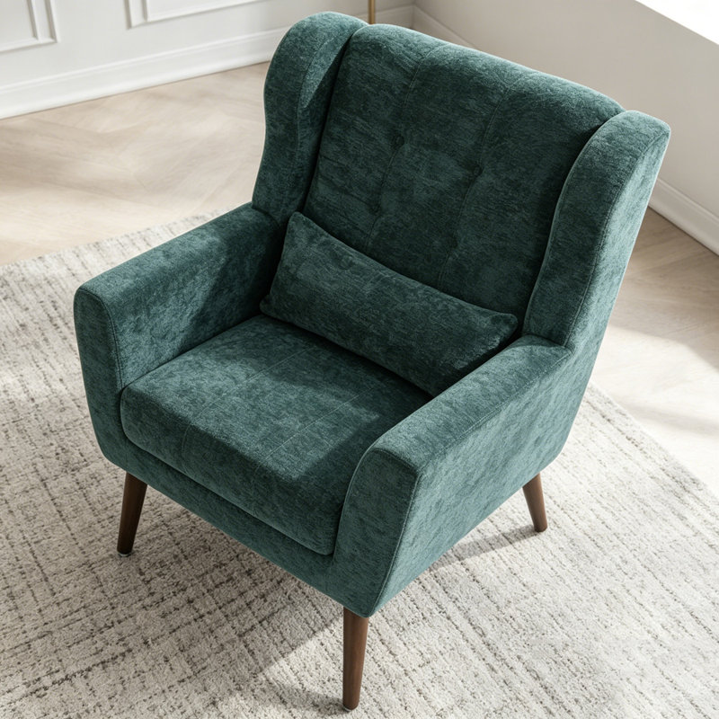 Chaise d'appoint moderne en chenille avec coussin lombaire et pieds en bois, Chenille vert noirâtre