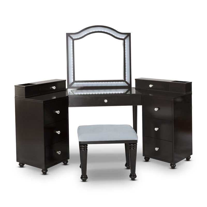 Ensemble coiffeuse Commodore avec tabouret et miroir, Gris obsidienne