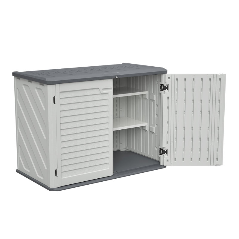 Remise de rangement horizontale avec tablette amovible, grande armoire de rangement extérieure verrouillable, unité de rangement en plastique PEHD résistant aux intempéries pour la cour, le patio, le jardin - 28 pieds cubes, blanc ivoire