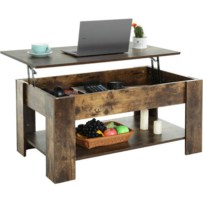 Table basse à plateau relevable avec compartiment de rangement caché et tablette inférieure - Plateau de table relevable robuste en bois avec lève-personne hydraulique pour le salon