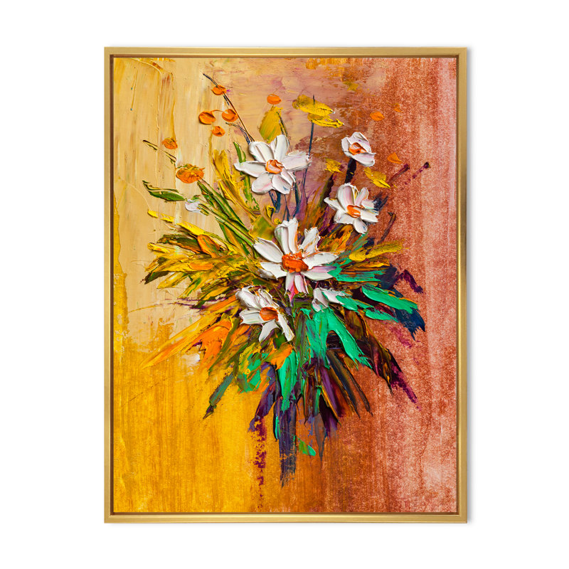 «Daisy Flowers», œuvre d'art traditionnelle sur toile, H 20 po x l 12 po x P 1 po, Toile avec cadre flottant or