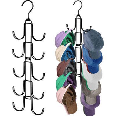 Hat Organizer For Closet, Black Collapsible Metal Caps Rack With 10 Rotatable Hooks, Holds Up To 40 Baseball Caps, Space-Saving Modern Hat Hanger For Display And Storage