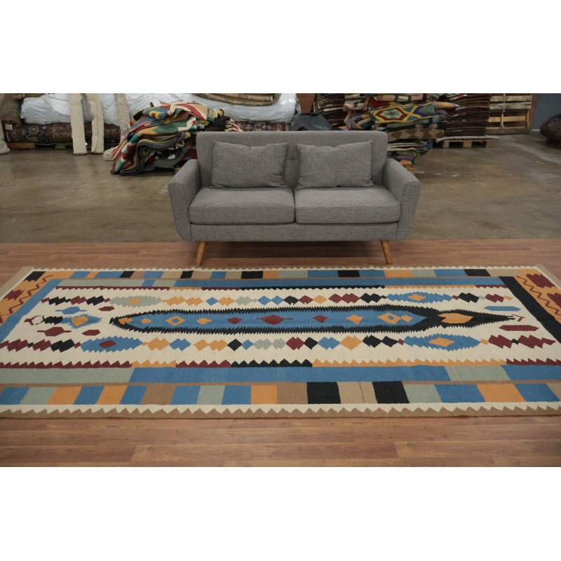 Tapis unique Kilim 5 x 12 avec motifs géométriques et tons chauds
