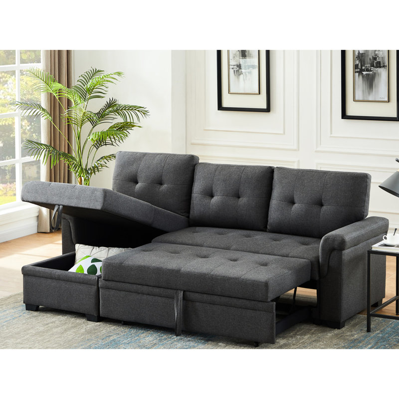 Dark Gray Linen Sleeper Sectional, Solid Wood Frame, Foam Filled Back Cushion Storage Chaise Sectional In Linen, 18" Seat Height,
