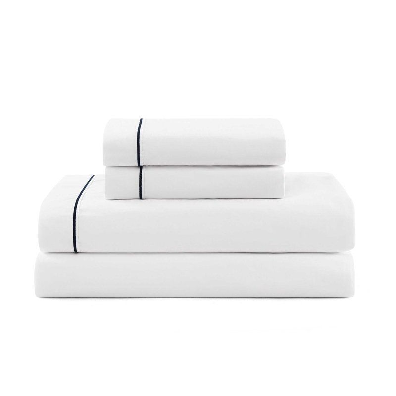 Tommy Hilfiger Solid Cotton Hem Stripe Sheet Set, Full / Double Sheet Set with 4 Additional Pieces, Navy