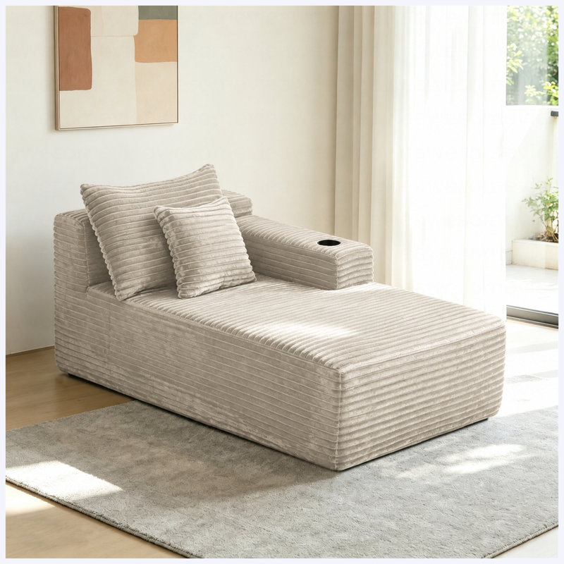37.5-Inch Right Facing Chaise Longue, Plush Camel Velvet with Cup Holder, Flexible Matching, for Living Room Use