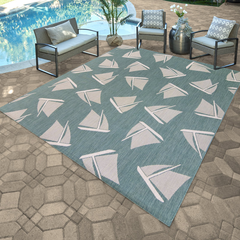 Paseo Bateau Nautical Sailboat Aqua Teal/Gray Flatweave Indoor/Outdoor Area Rug, Rectangle 7'10" x 10'