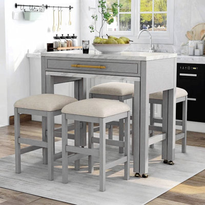 Rustic 5Pc Dining Set Counter Height Dining Table W Storage Drawer Faux Marble Top 4X Stools