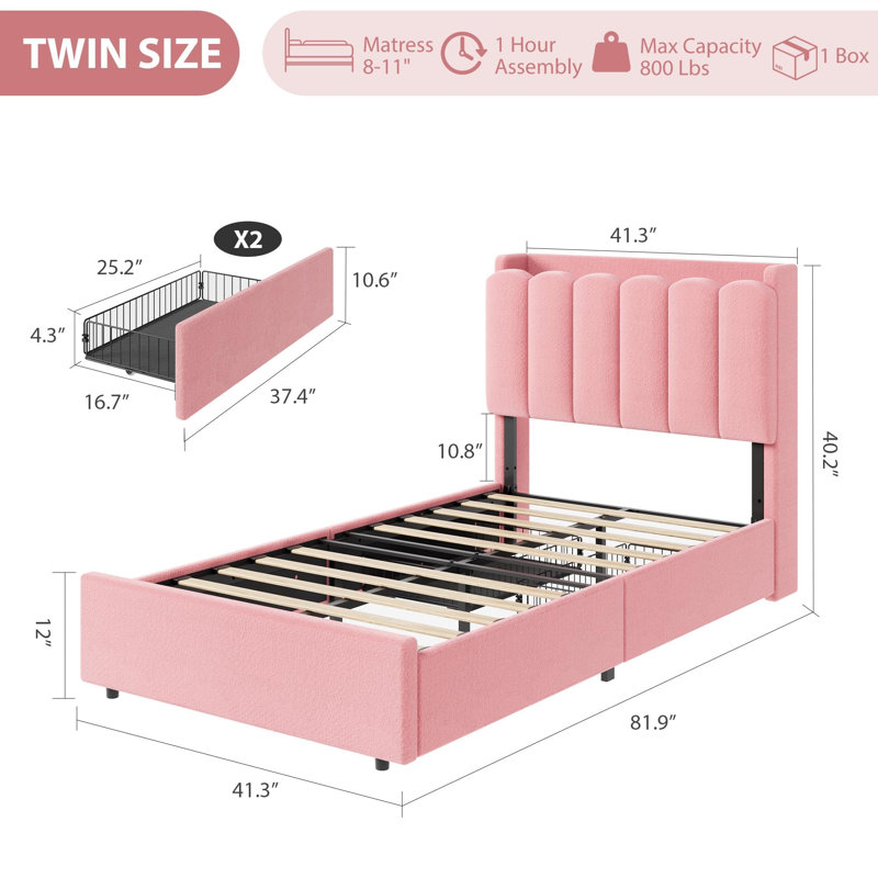Cadre de lit avec tête de lit avec rangement, cadre de lit pour enfants avec 2 tiroirs, lit plateforme tapissier pour filles Boucle, tête de lit chic avec bibliothèque