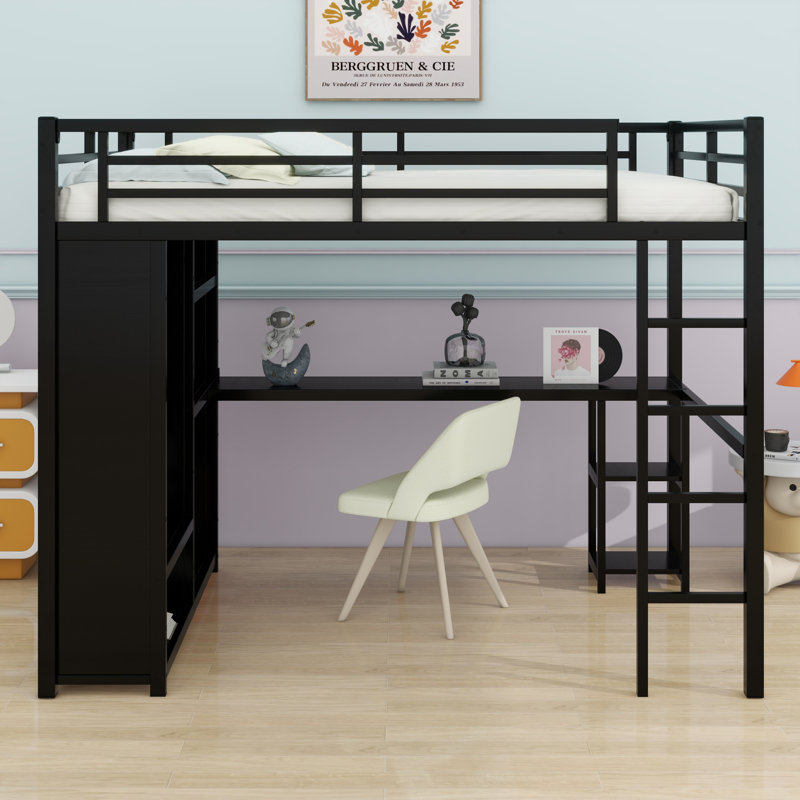 Structure de lit mezzanine avec garde-robe, bureau et tablettes de rangement, Noir, Double