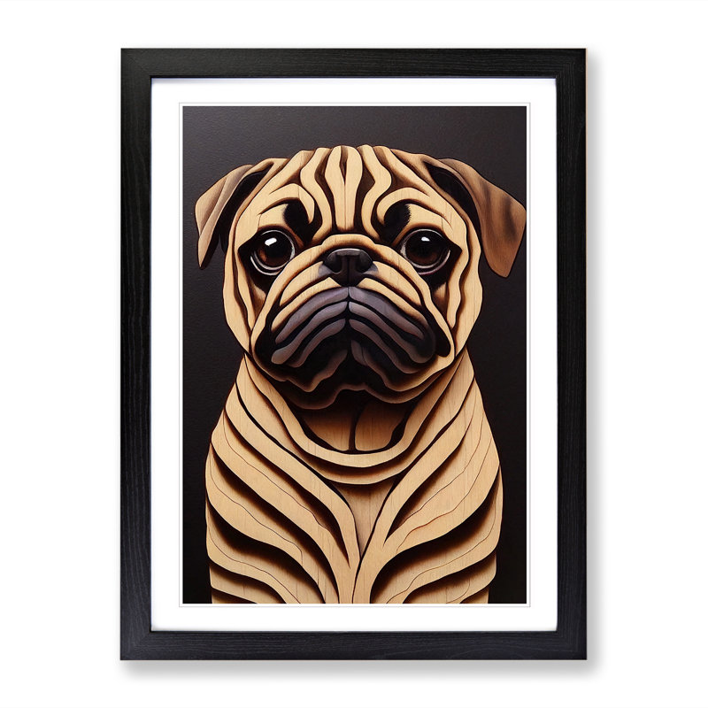 Pug Dog Wood Carving - Single Picture Frame Print, Black, 64cm H x 46cm W x 2cm D