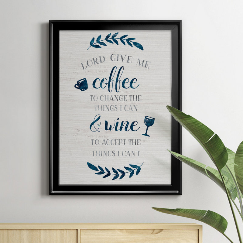 «Coffee and Wine», art textuel sur toile, H 18,5 po x l 24,5 po x P 1,5 po, Cadre noir