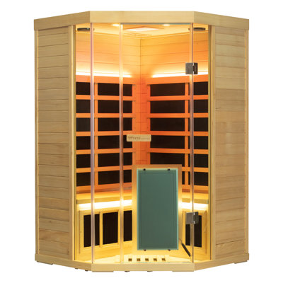 Sauna à infrarouge lointain pour 2 personnes Wizzisaunas, luminothérapie rouge et bleue, 1900 W / 120 V, température maximale de 158 ° F, contrôle de température à distance via l'application, haut-parleur Bluetooth intégré, bois de pruche, porte en verre trempé, assemblage facile