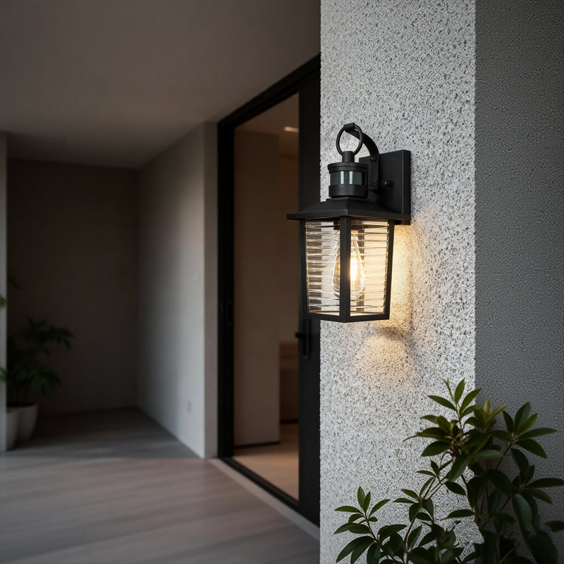 13 In. Sand Black 1-Light Motion Sensing Outdoor Wall Sconce With Dusk To Dawn And Clear Glass Shade