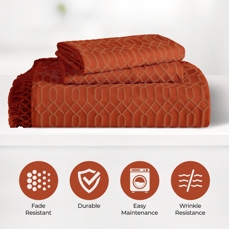 Rust Twin Cotton Geometric Fringe Bedspread Set