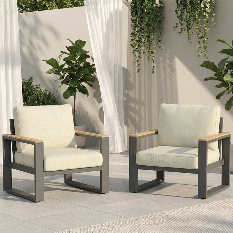 Chaise d'extérieur 2 pièces en aluminium avec accoudoirs en bois résistant à la chaleur et coussins moelleux, Beige