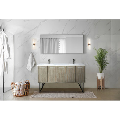 Ensemble de meuble-lavabo double en acacia rustique l 60 po x P 20 po, plateau en marbre de culture, robinet en métal et miroir de 55 po