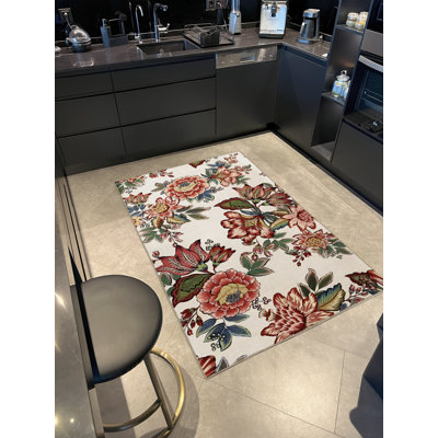 Tapis décoratif moderne et multicolore à motif de roses et de feuilles à thème beige