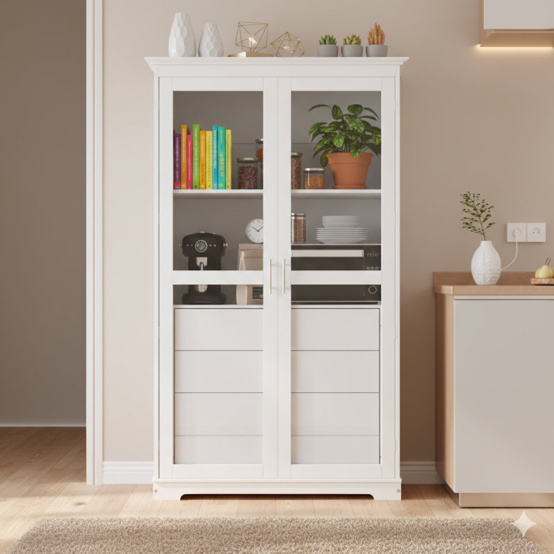 Garde-manger de 44,7 po x 20 po x 75 po, armoire de rangement indépendante avec portes en verre et quatre tiroirs intégrés, convenant au salon et au bureau, en blanc