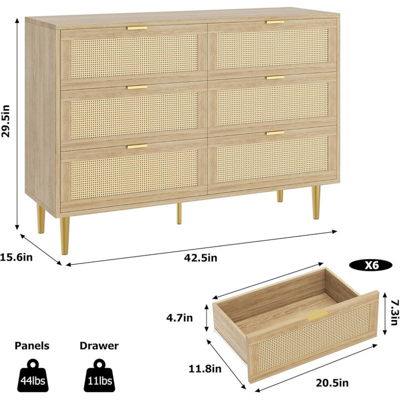 6 Drawer Dresser, Rattan Chest of Drawer, Farmhouse Wooden Dresser with Metal Legs, Wide Double Drawer Dresser, Large Drawer Unit for Bedroom, Living Room, Nursery