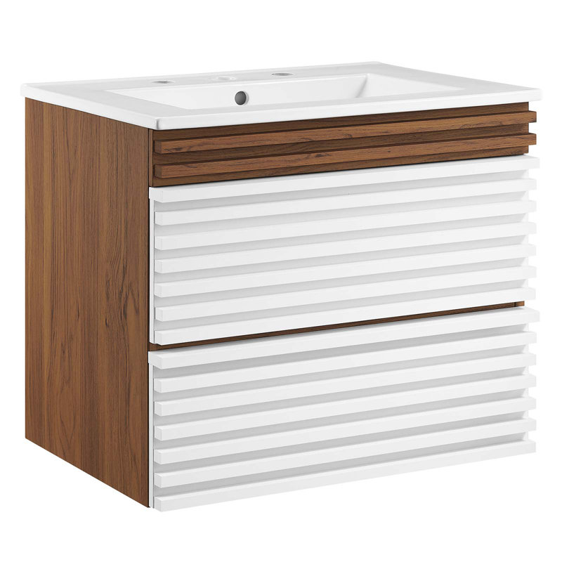 Render 24.5" White and Walnut Wall-Mount Bathroom Vanity