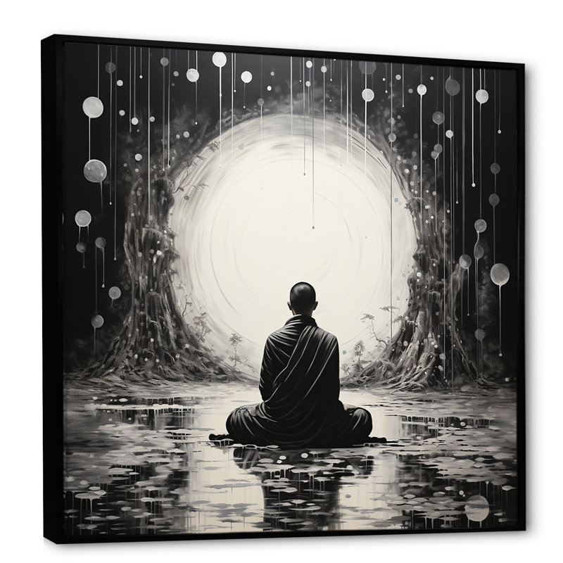 Statue de bouddhisme zen sur toile, Cadre flottant noir, H 16 po x l 16 po x P 1 po