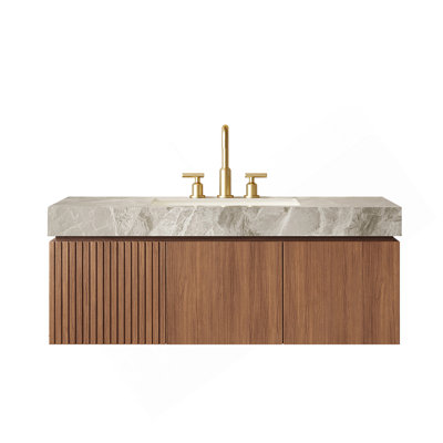 48" Bathroom Vanity&Sink, Floating Plywood Storage Cabinet With Drawer&Doors, Light Gray Sintered Stone Top&Ceramic Basin With 3 Pre-Drilled Faucet Holes, Pre-Assembled, Brown Oak Woodgrain Color