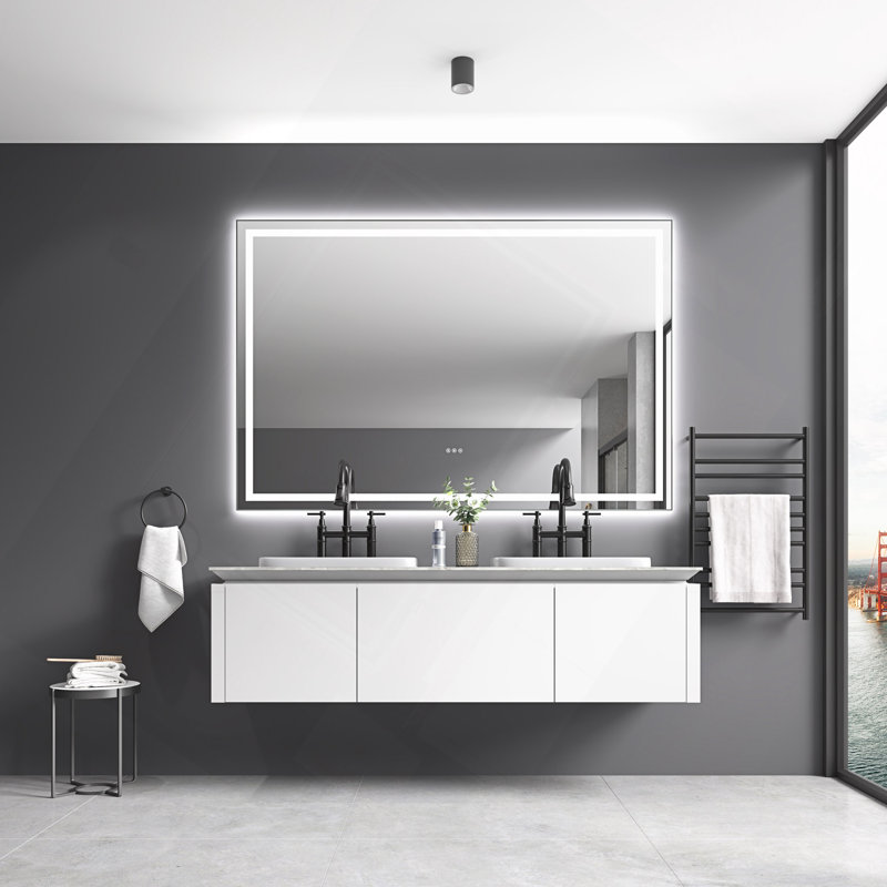 Miroir de salle de bain à DEL 84 x 48 po avec façade et rétroéclairage, miroir de meuble-lavabo mural avec cadre en aluminium, antibuée, mémoire, 3 couleurs, gradation continue