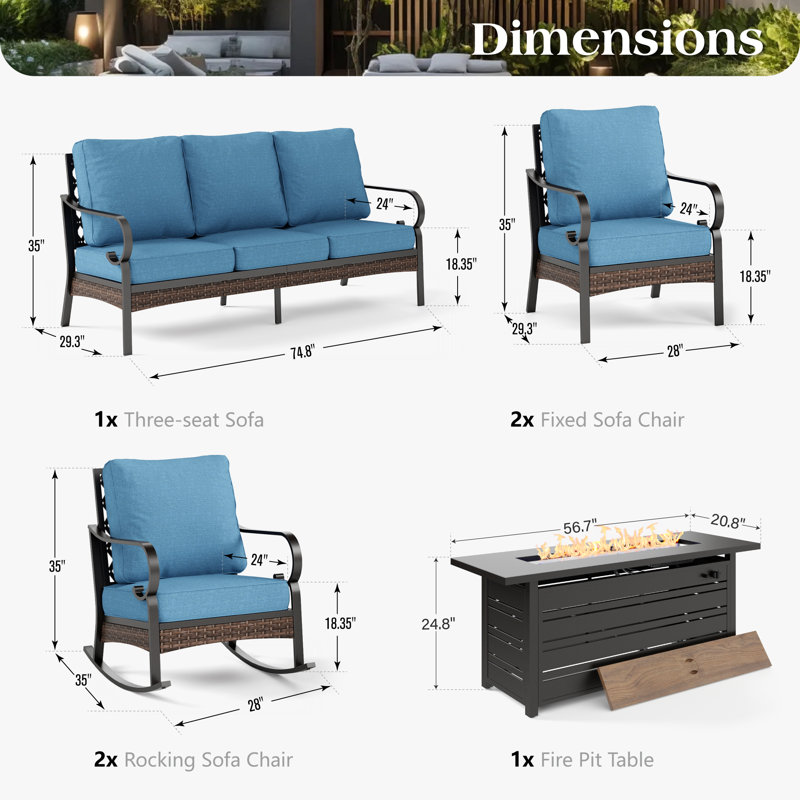 7 Person Outdoor Patio Seating Set With 2 Rocking Lounge Chairs & Fire Pit Table, Black/Denim Blue/Black