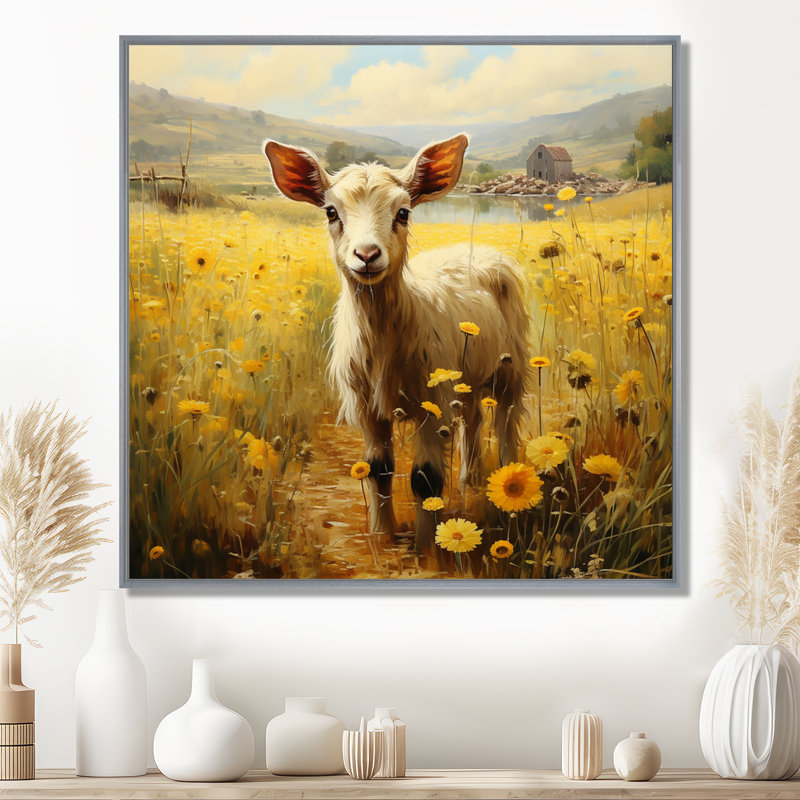 Adorable portrait de chèvre dans un pré II - impressions encadrées de chèvre, 16" H x 16" W, Silver Picture Framed