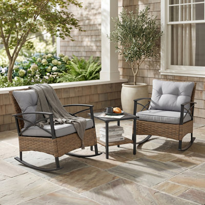 3 Piece Outdoor  Chair Set, Wicker Leisure Rocking Patio Furniture Set with Side Table