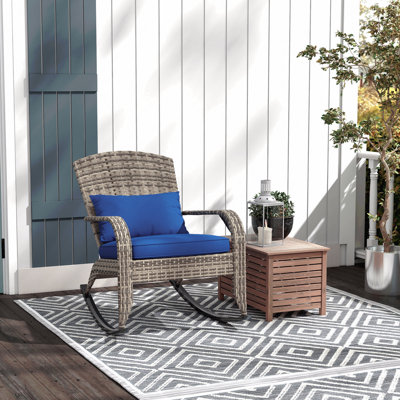 Chaise berçante d'extérieur en osier Adirondack, chaise berçante de patio en rotin avec dossier haut, coussin de siège et coussin de jardin, véranda, balcon, bleu foncé