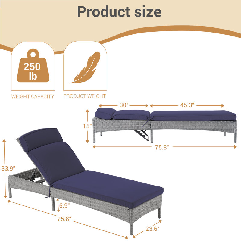 Arshleen Outdoor Wicker Chaise Lounge , Cushion Included, Navy