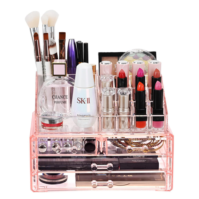 Ensemble de deux boîtes de rangement pour bijoux et cosmétiques roses, porte-maquillage organisateur, pour meuble-lavabo