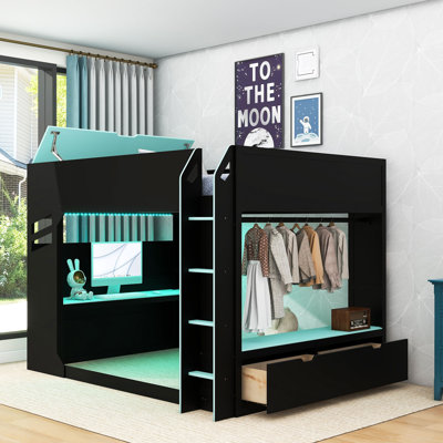 Wood Loft Bed With Desk,Drawers,Hanging Rod And RGB Lights