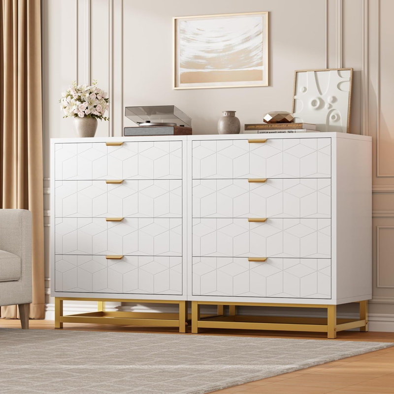 4-Drawer Wooden Dresser with Gold Metal Handles – Bedroom Storage Cabinet for Entryway, Hallway & Living Room, White, White