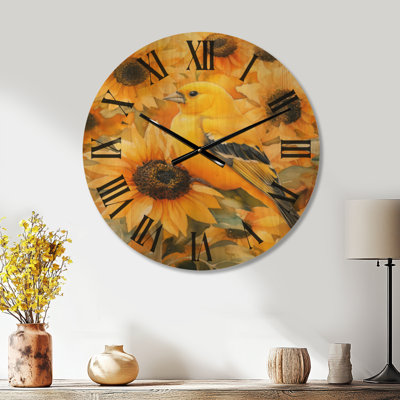 Horloge murale oiseaux en bois - Chardonneret en tournesols